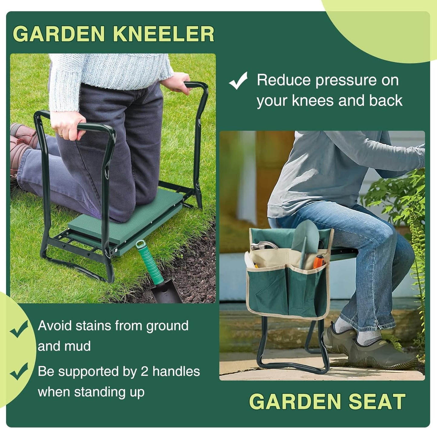 BEEPRINCESS Folding Garden Kneeler Seat Bench with 2 Bonus Tool Pouches EVA Foam Pad