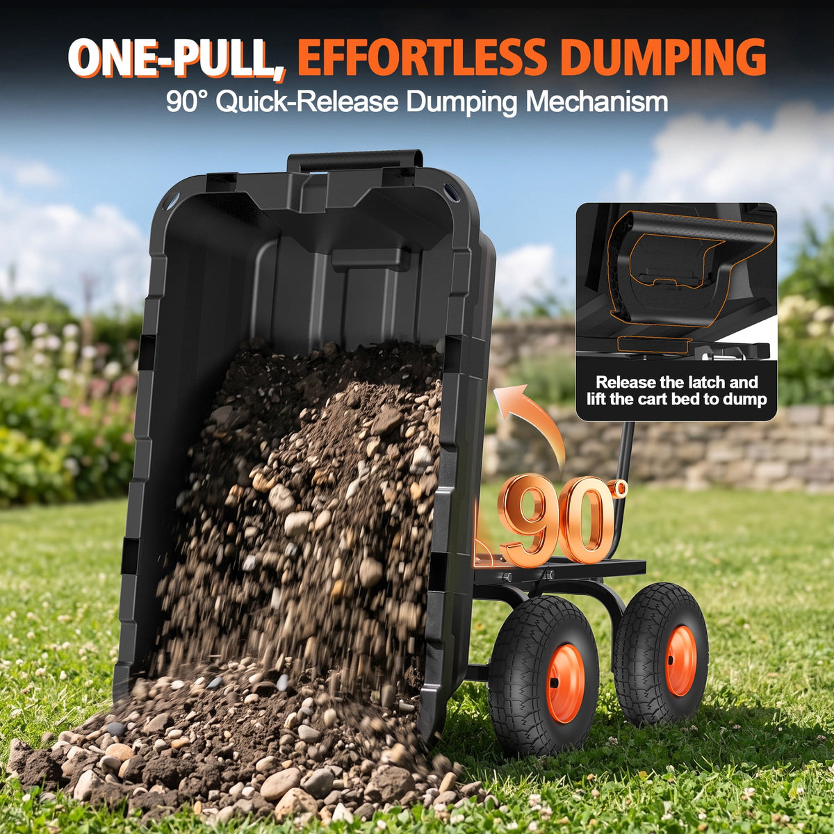 ELFWOLF 900 lb Heavy Duty Garden Dump Cart, 4 cu ft Yard Wagon with Quick-Release Dump Bed and Expandable Wood Rail Design