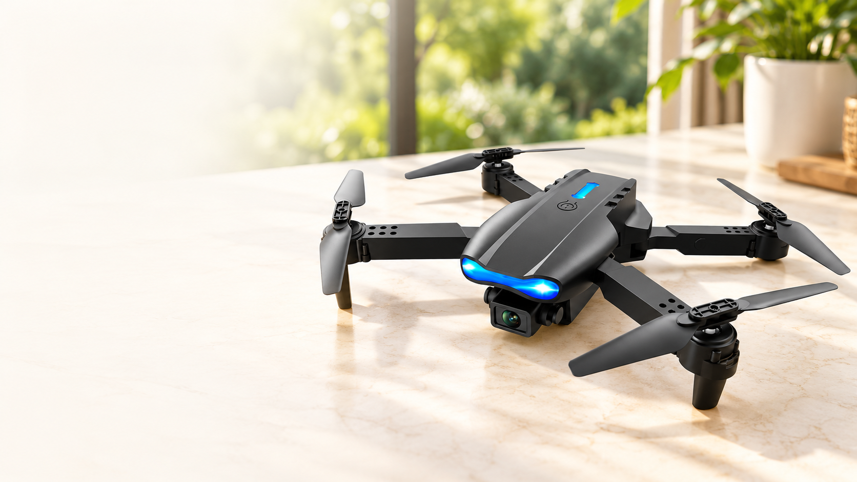 Gray E99 Pro foldable drone on a light table