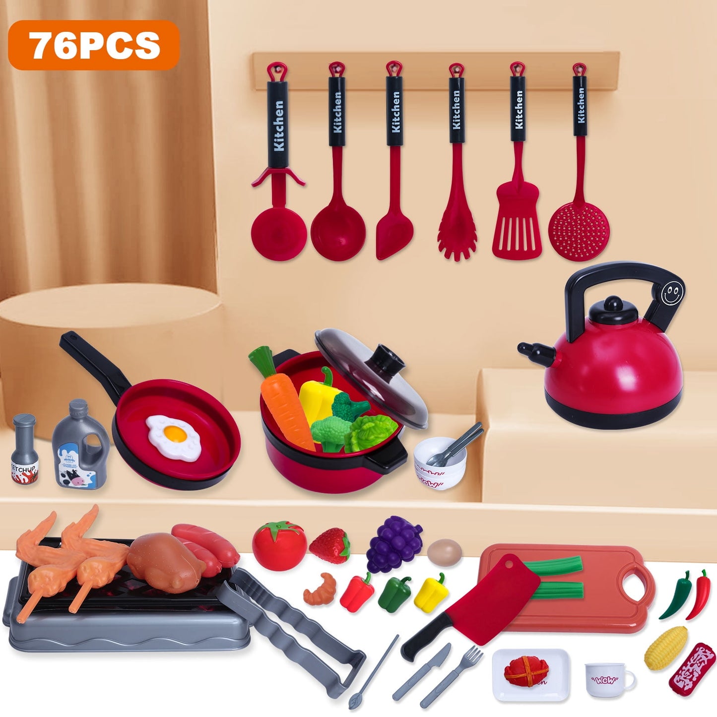 76Pcs Play Kitchen Accessories, Kids Kitchen Pretend Play Toys with Play Pots and Pans, Utensils Cookware Toys, Play Food Set, Toy Vegetables, Pretend Cooking Playset for Toddler Age 3+