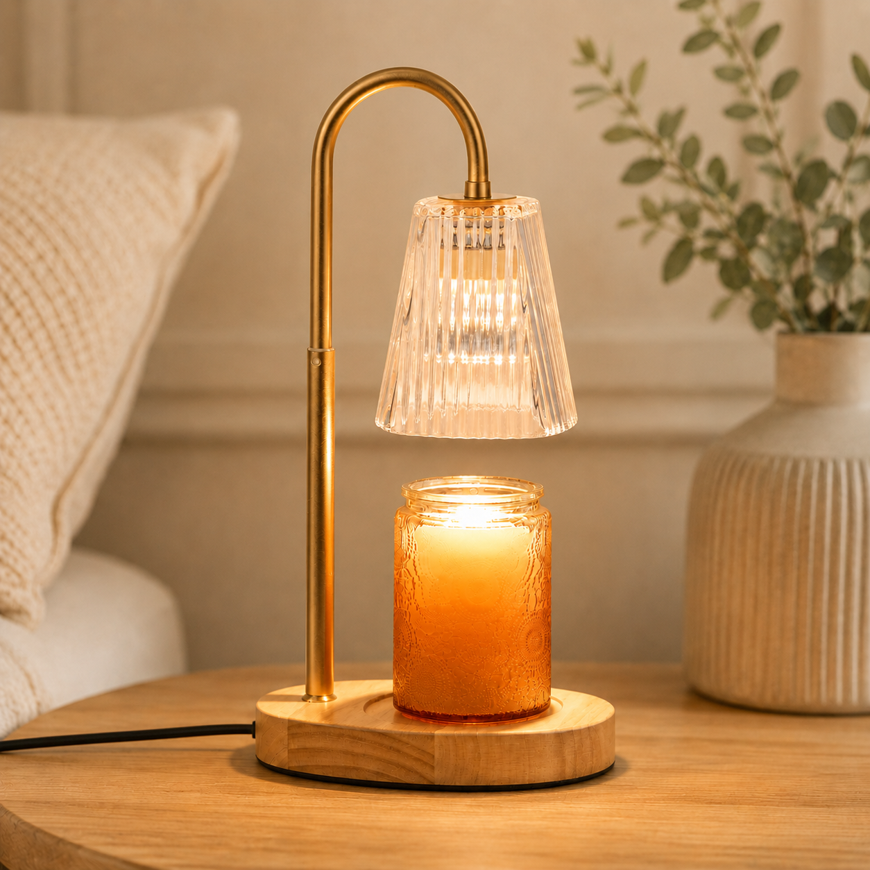 Candle Warmer Lamp with Timer, Dimmable, Adjustable Height - Electric Top Down Melting for All Jar Candles - Home Decor Wax Melter Light in Amber (Includes 2 Halogen Bulbs)