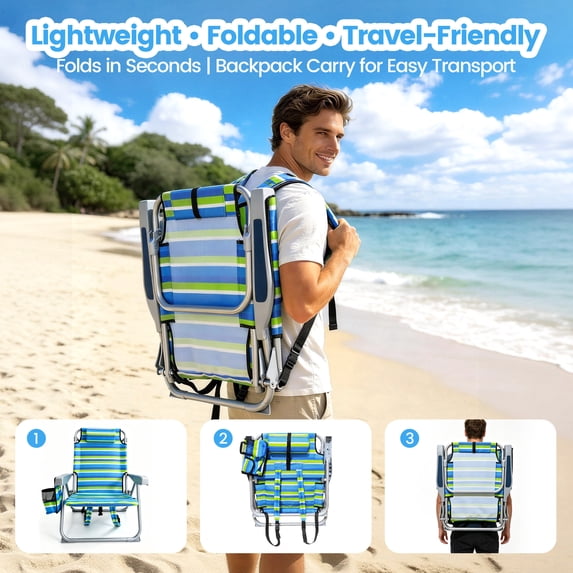 ELFWOLF Backpack Beach Chair for Adults, Lightweight Portable Folding Sand Chair, Double-Layer Oxford Fabric Supports up to 350 LBS, Blue & Green Stripe