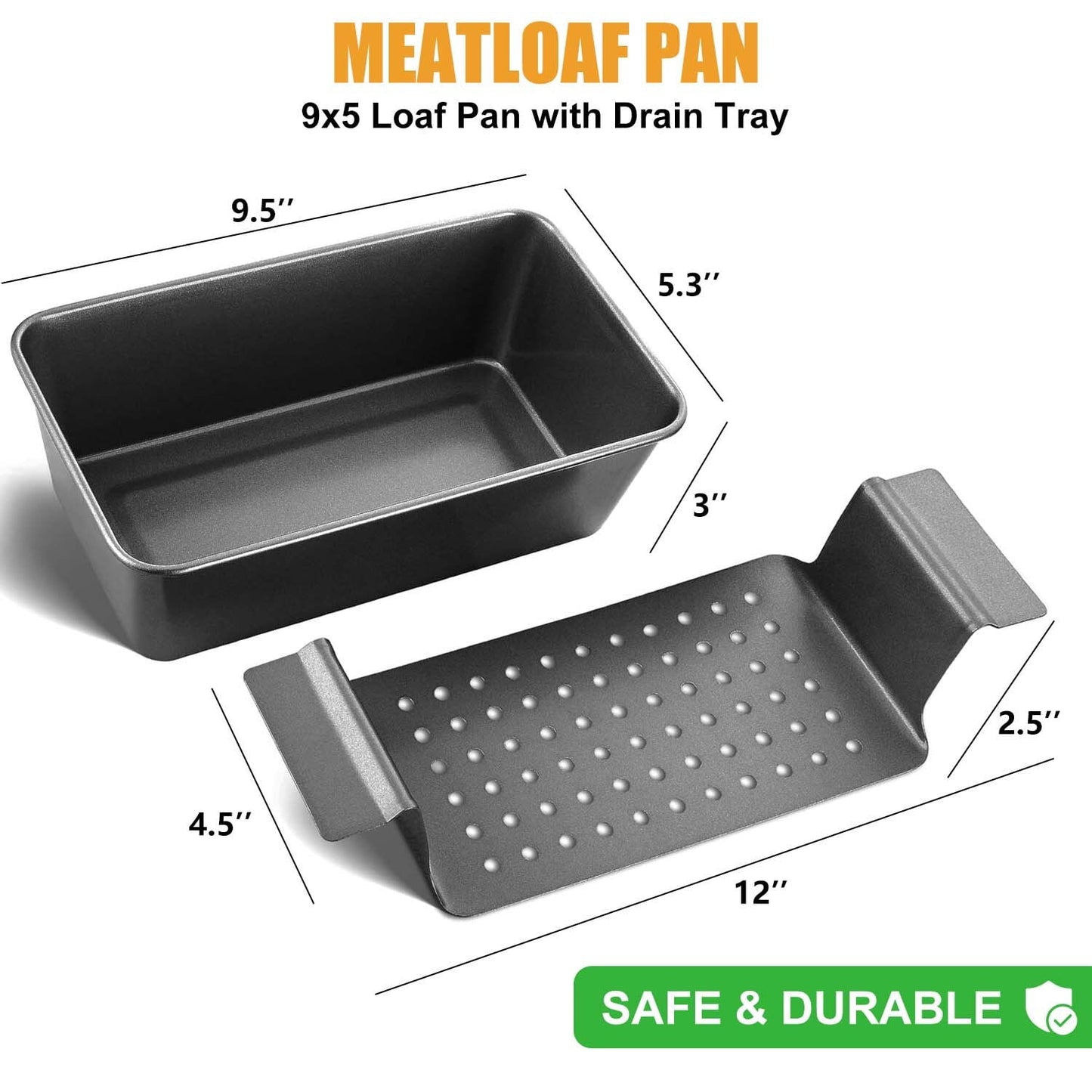 2-in-1 Large Nonstick Meat Loaf Pan with Drain Drip Tray - 10" * 5.7", Healthy Coating (Carbon Steel Gray)