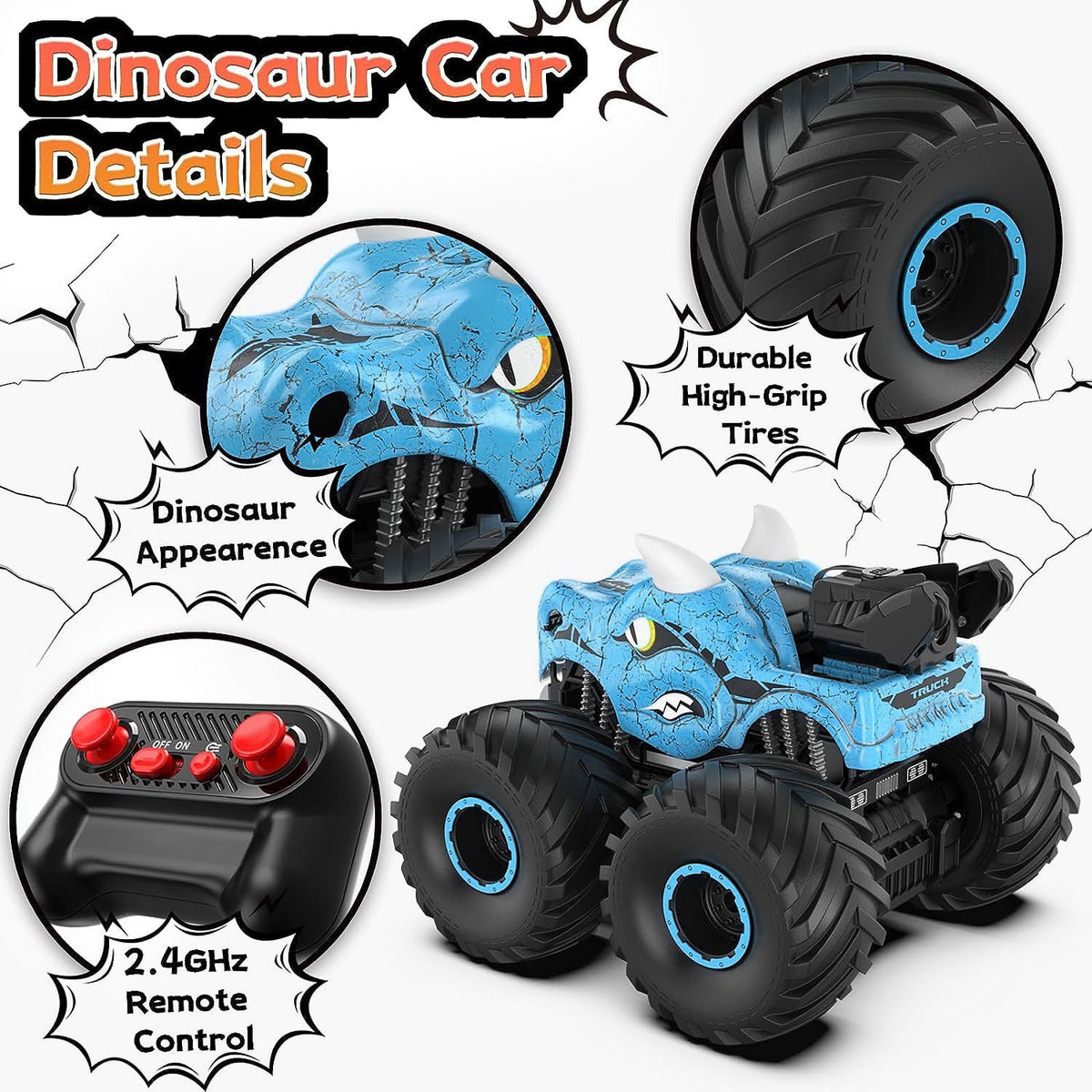 BEEPRINCESS Remote Control Car, 2.4GHz Monster Trucks for Boys Girls with Light, Sound & Spray, Dinosaur Toys Gift for Kids 3 4 5 6 7 8, All Terrain RC Cars for Toddlers with 2 Batteries, Green