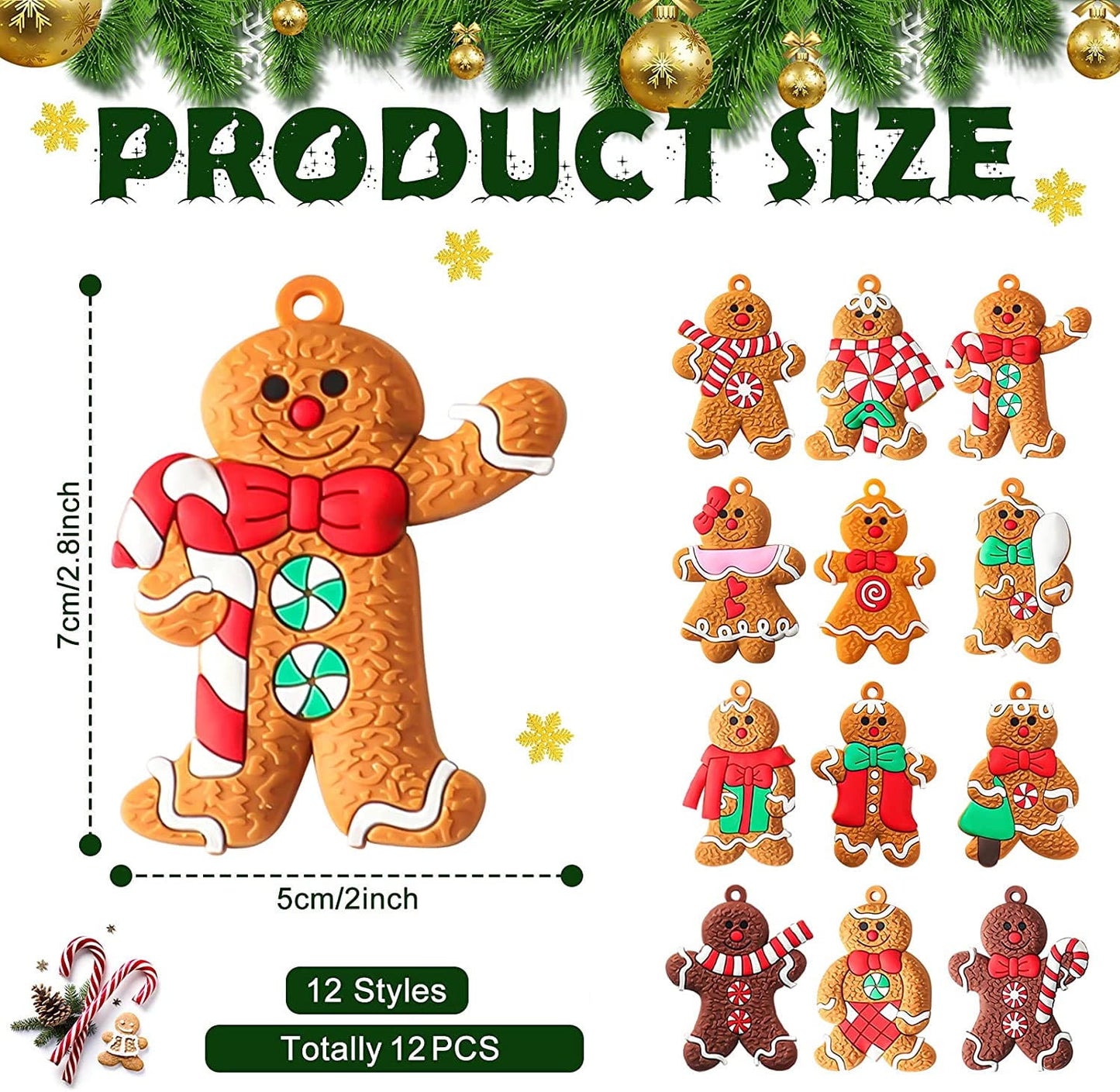 12-Piece Adorable Gingerbread Man Ornaments for Christmas Tree Decor, Indoor Holiday Displa