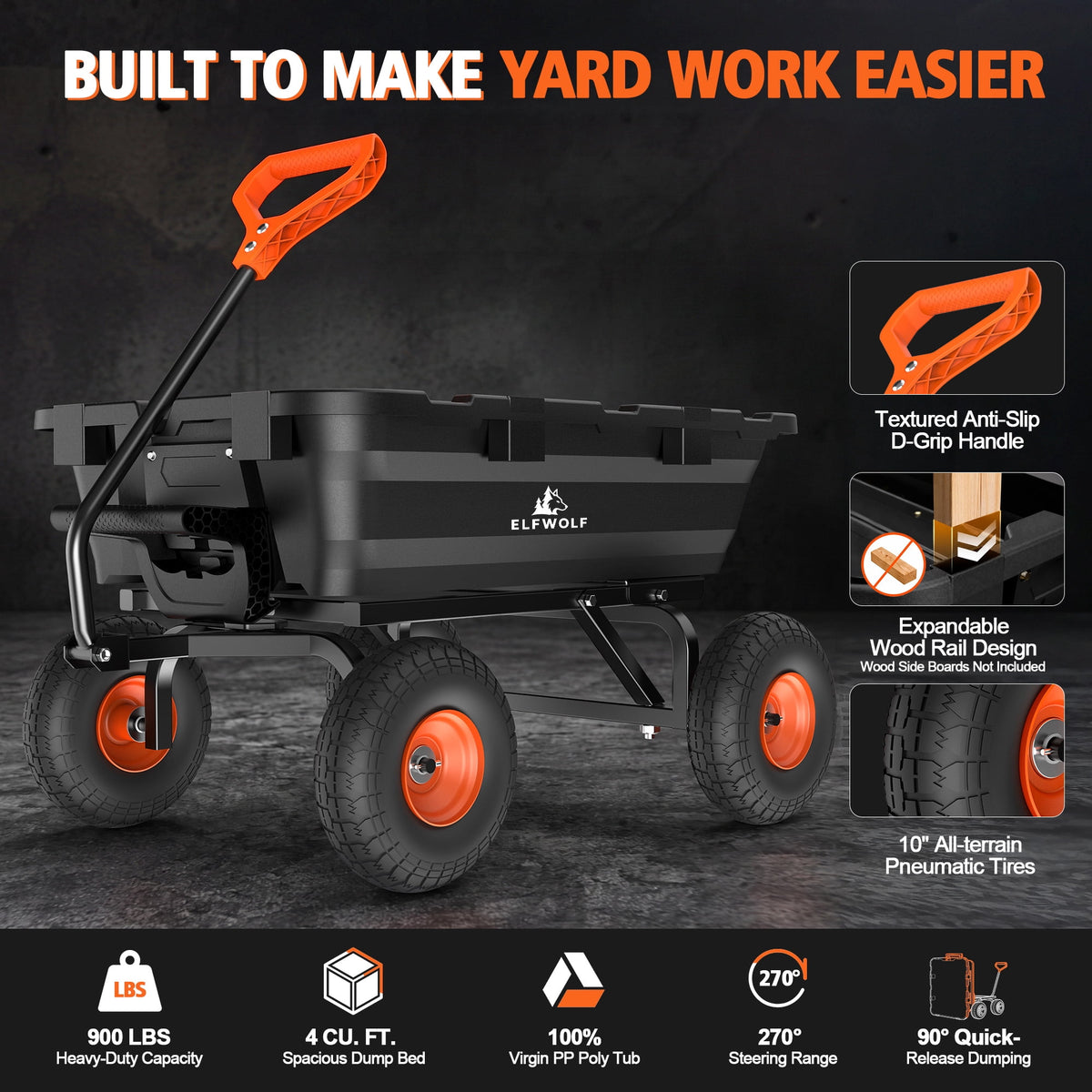 ELFWOLF 900 lb Heavy Duty Garden Dump Cart, 4 cu ft Yard Wagon with Quick-Release Dump Bed and Expandable Wood Rail Design