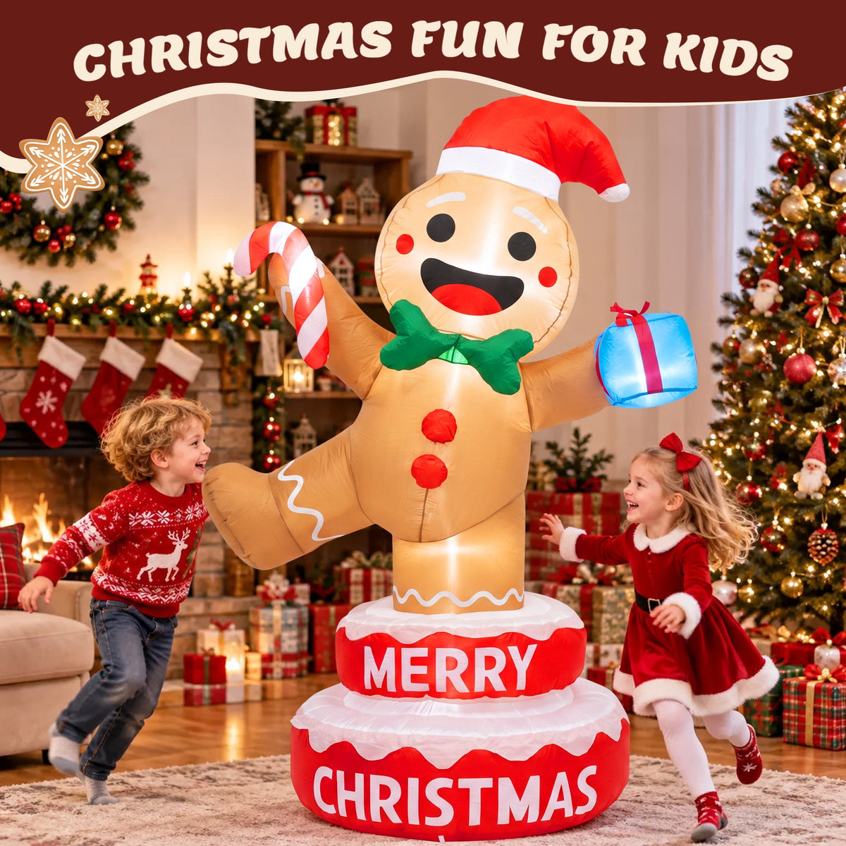 BEEPRINCESS 6FT Christmas Inflatable Rotating Gingerbread Man with LED Lights, Animated Outdoor Xmas Yard Decorations, Blow Up Holiday Lawn Garden Decor