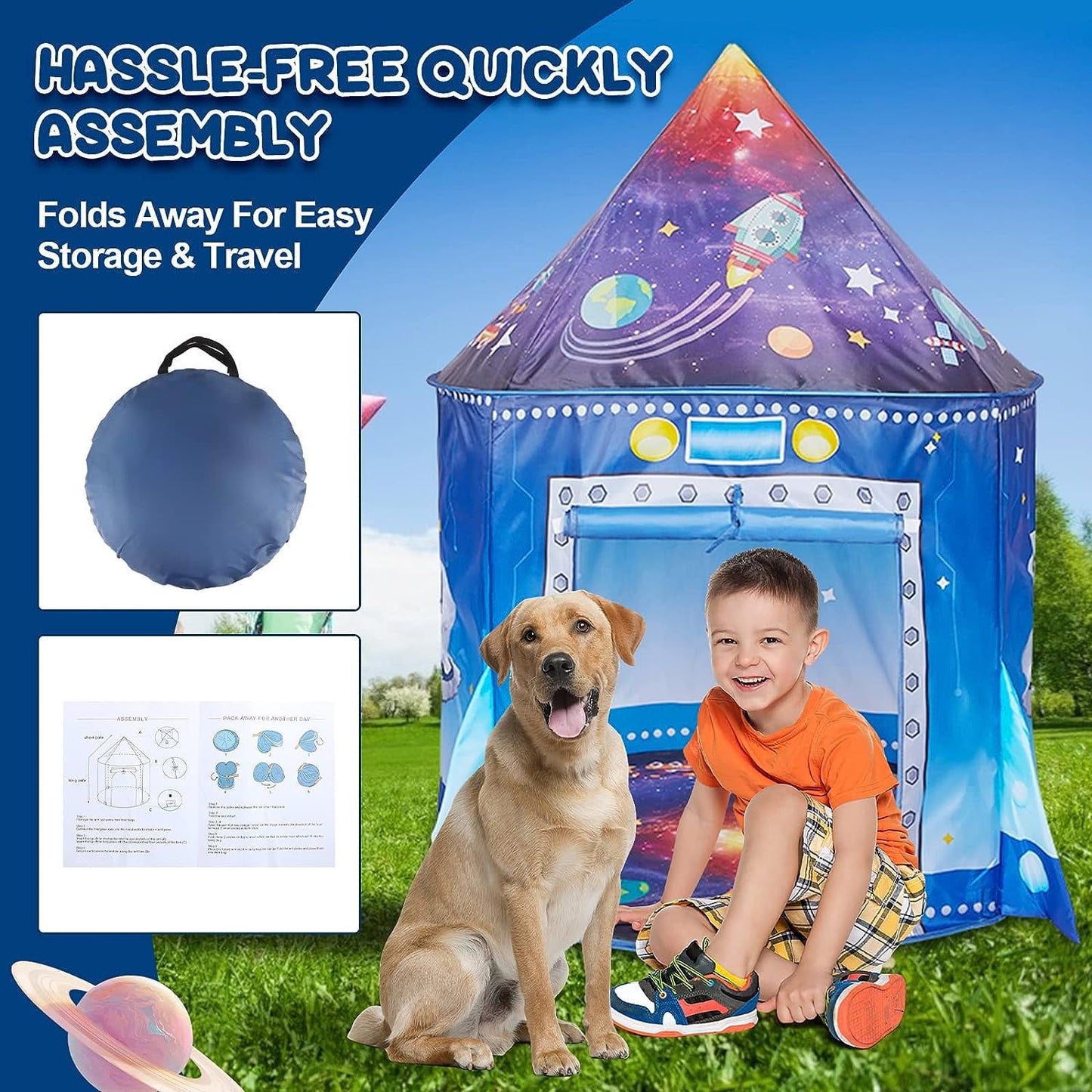 BeePrincess Rocket Ship Kids Play Tent, Astronaut Spaceship Space Themed Pop up Play Tent, Pretend Playhouse Indoor Outdoor Game Party Children, Birthday Gift Playhouse Toy for Boys Girls Toddler