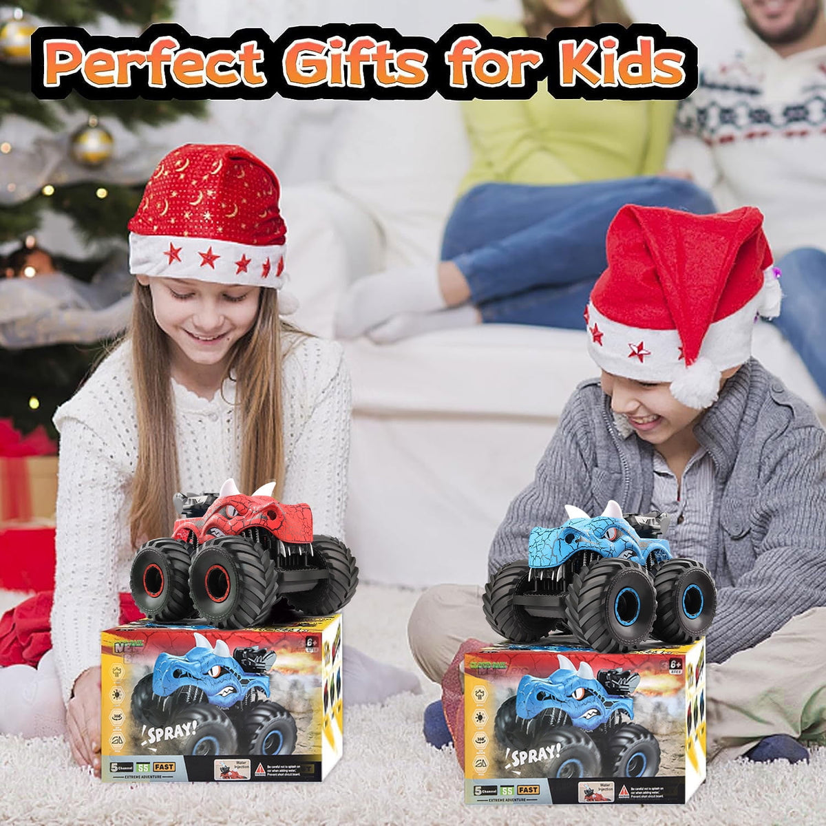 BEEPRINCESS Remote Control Car, 2.4GHz Monster Trucks for Boys Girls with Light, Sound & Spray, Dinosaur Toys Gift for Kids 3 4 5 6 7 8, All Terrain RC Cars for Toddlers with 2 Batteries, Red