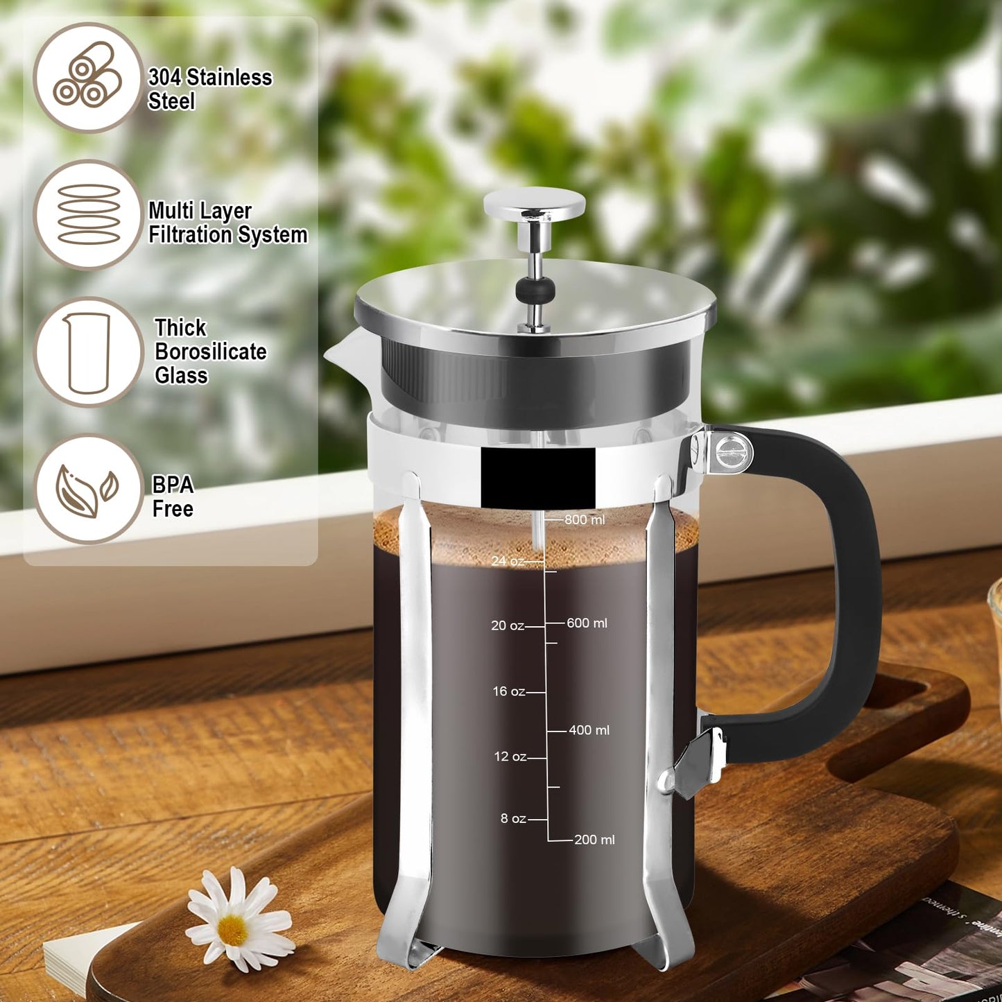 BeePrincess 34 oz Coffee French Presses, Includes 4 Filters, Stainless Steel, Silver