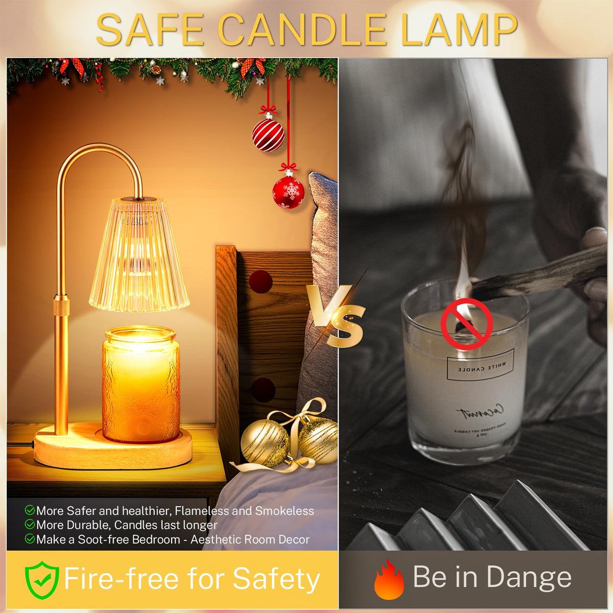 Candle Warmer Lamp with Timer, Dimmable, Adjustable Height - Electric Top Down Melting for All Jar Candles - Home Decor Wax Melter Light in Amber (Includes 2 Halogen Bulbs)