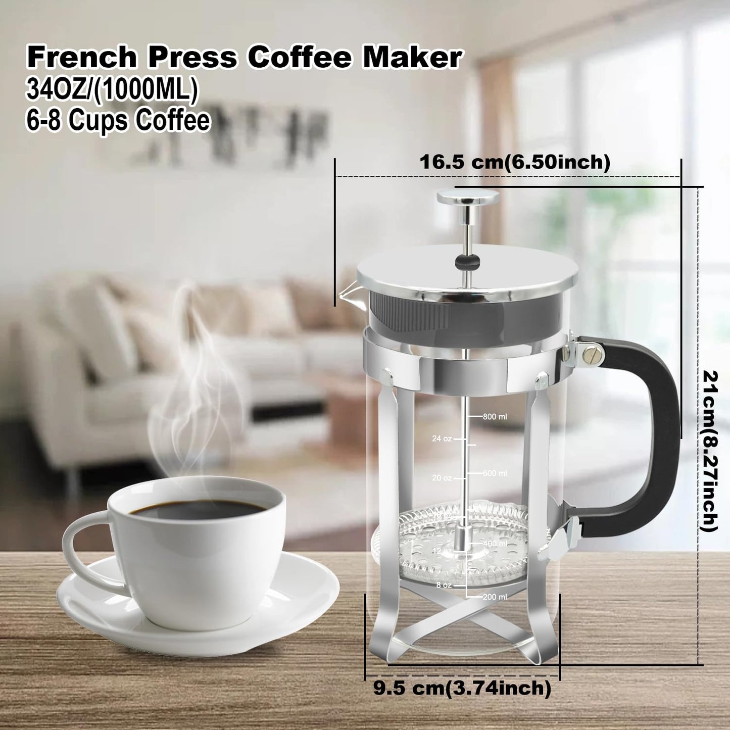 BeePrincess 34 oz Coffee French Presses, Includes 4 Filters, Stainless Steel, Silver