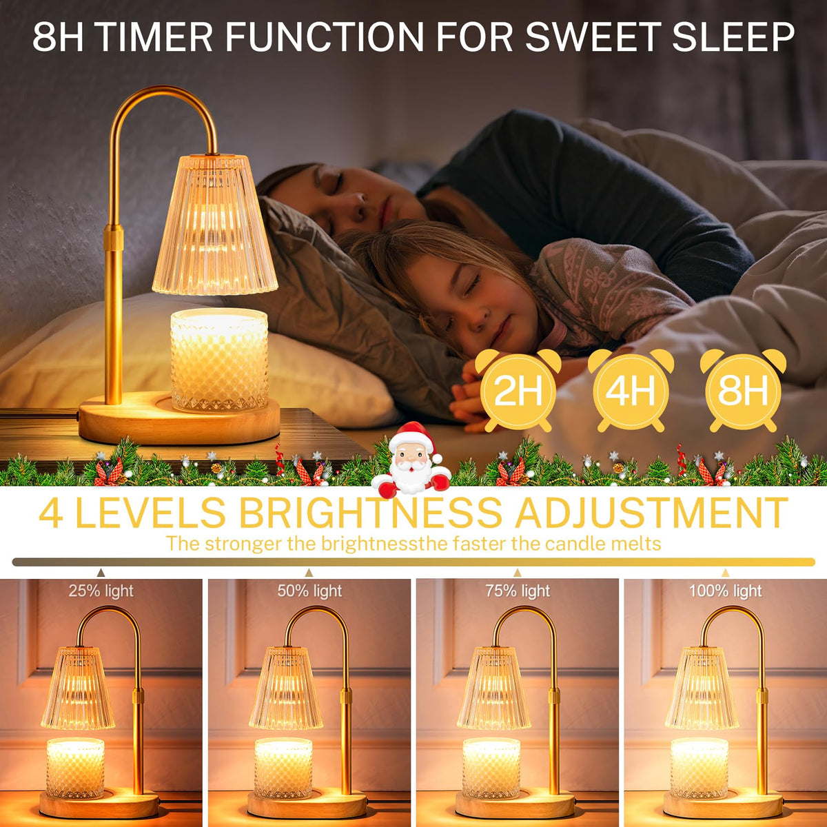 Candle Warmer Lamp with Timer, Dimmable, Adjustable Height - Electric Top Down Melting for All Jar Candles - Home Decor Wax Melter Light in Amber (Includes 2 Halogen Bulbs)