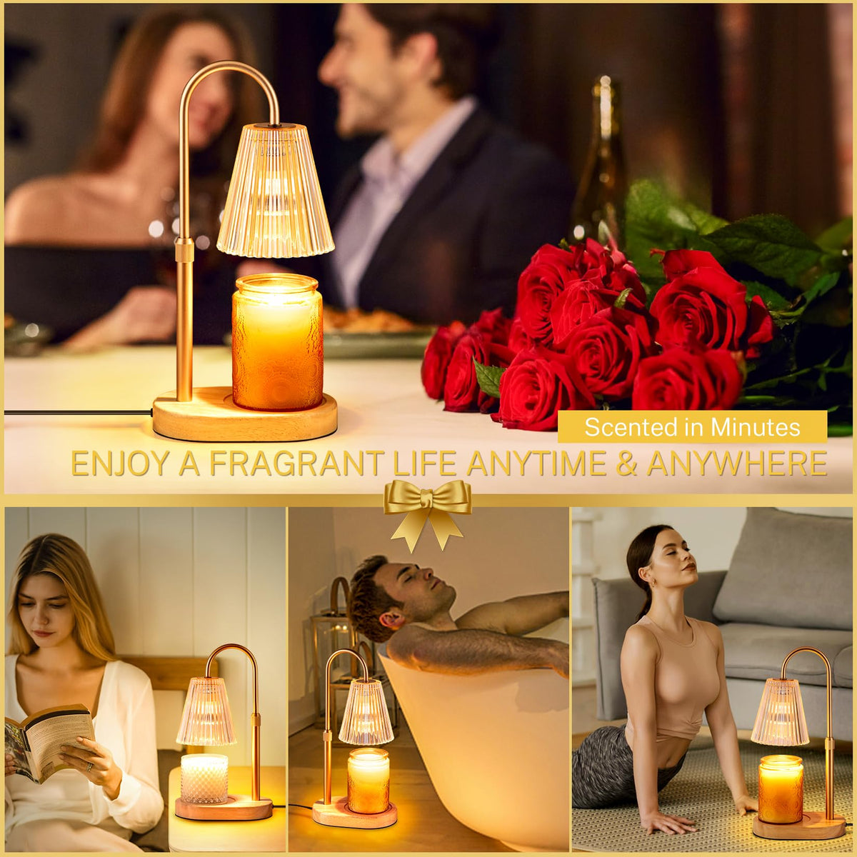Candle Warmer Lamp with Timer, Dimmable, Adjustable Height - Electric Top Down Melting for All Jar Candles - Home Decor Wax Melter Light in Amber (Includes 2 Halogen Bulbs)